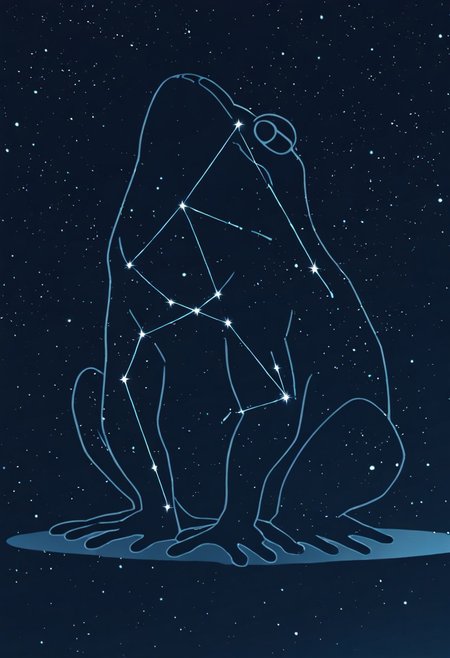 masterpiece, best quality, newest, absurdres, highres, anime, anime style, LSCV1.0, constellation, star (sky), starry sky, night sky, night, starry sky, no humans, animal, animal focus, frog, silhouette, monochrome,