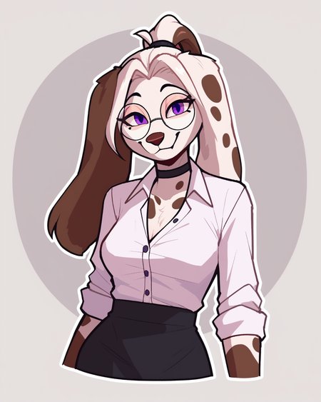 score_9_up, score_8_up, score_7_up, score_6_up, by remanedur, furry female, half-length portrait, dog, female, furry, white hair, purple eyes, round glasses, choker, dress shirt, pencil skirt, spotted body, white body, white ponytail, multicolored hair, long ears, ponytail, medium breasts, looking at viewer, smile, happy, head tilt, solo, three-quarter view, simple background, white outline, <lora:Leah_Pines(AIM)_XL_v1:0.15> <lora:PDXL_artist_tags_v2_big:0.5> <lora:The-Minuscule-Task_PDXL_v1.0:0.6> <lora:Molly_MllyMllyOxnFree:0.7>
