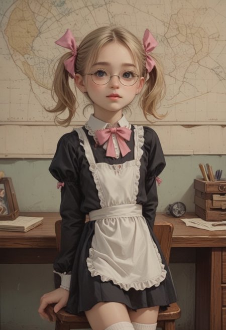 masterpiece,best quality,amazing quality, score_9, score_8_up, score_7_up, ultra sharp, beautiful face
Olya znaykina, blonde hair, twintails with pink bows, round glasses, black short minidress, white apron, shoes with white socks 
, cute, 
, detailed eyes, 
Cowboy shot, view legs,
Desk, chair, map, blackboard,