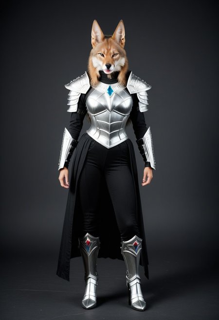 The armored Queen of jackals, female jackal, 18 years old, fur armor with diamond filigree, zoomed out:.10, raw, masterpiece, extremely detailed photo, extreme ultra best picture, extreme ultra intricate creative detail, extreme hyper realistic detail, extreme ultra hyper photo realism, extreme ultra-hyper immersive visuals, extreme 3D realistic, ultra 4080p, HD, VFX, SFX, FKAA, TXAA, RTX, SSAO, full portrait, ((no pants)), animal head,