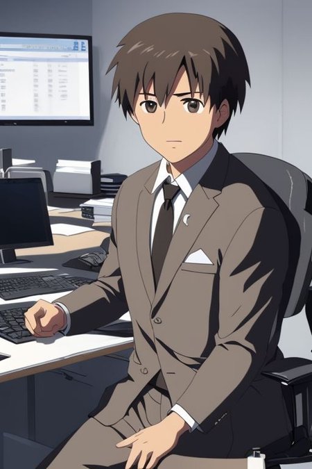 high resolution, solo, best quality, 1Boy, Takaki Toono, Brownish Hair, Brown Eyes, suit, worklife, workspace, OverallDetail