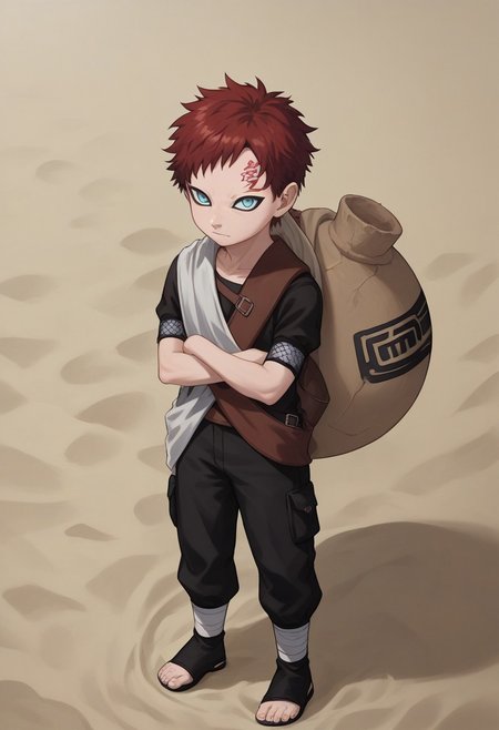 score_9, score_8_up, score_7_up, highly detailed, cute boy, 1boy, solo, young, Gaara, Red Hair, Pale Blue Eyes, Facial Mark , Black Short sleeve shirt, White Cloth Sash, leather strap, gourd, black pants, toeless footwear, arms crossed, sand