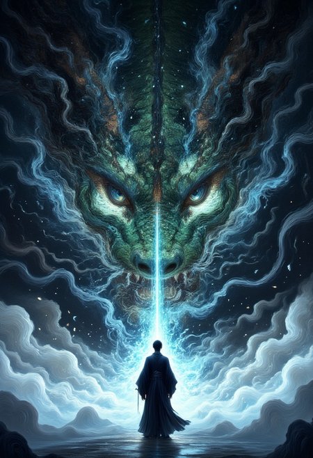 a striking and surreal scene that combines elements of both the natural world and fantasy. Dominating the composition is a massive, reptilian eye, filling almost the entire frame. The eye is highly detailed, with a slit-like pupil that suggests it belongs to a large, powerful creature, perhaps a Asian dragon or another mythical being. The texture around the eye is rugged and scaly, giving the impression of ancient, weathered skin. In the lower portion of the image, a solitary human figure stands before the eye, dressed in a flowing black robe. The figure is tiny in comparison to the colossal eye, emphasizing the vast difference in scale and power between the two. The person stands on a surface that appears to be water or mist, which reflects the eerie, otherworldly light that surrounds the scene. The atmosphere is misty and dreamlike, adding to the sense of mystery and awe. Overall, the image is both dramatic and thought-provoking, blending cultural elements with a fantastical imagination to create a visually captivating scene. Glitching face, blue, green snake, auralora