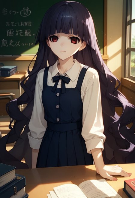 score_9_up, score_8_up, score_7_up, source_anime, extreamly detailed, beautiful detailed face, complex detailed background, completely clothes, BREAK, 
KIRISHIKI SUNAKO, SHIKI FORM, student uniform, class room