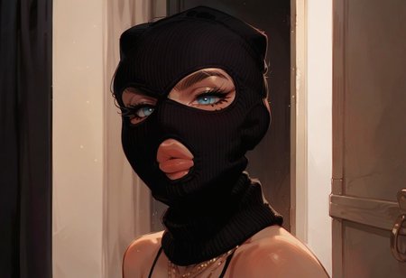 score_9, score_8_up, score_7_up, score_6_up,
rating_explicit, 1woman, sexy thief, black mask,  threeholkn1tskimask,  big natural lips, thick eyelashes, light-blue eyes, looking at viewer, naughty, closet mouth, from side, close-up,  focus on eyes