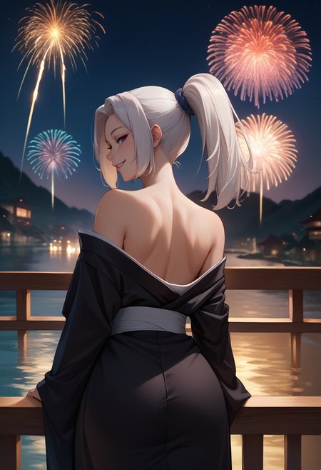 score_9, score_8_up, score_7_up, source_anime, from behind, 1girl, meimeipast, smile, looking back, white hair, ponytail, black kimono, off shoulder, bare shoulders, fireworks <lora:jjk_meimei_ponyXL:1>