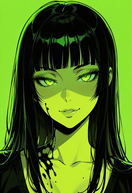 Monochrome, 1girl, sexy waifu, seductive face, glowing eyes, portrait, wild face,
Black hair, blunt bangs, black and green palette, ink style, high contrast, expressive, minimal background
masterpiece, best quality, very awa, absurdres