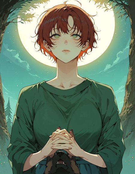 score_9, score_8_up, score_7_up, score_6_up, source_anime, masterpiece, detailed, refined, 1girl, teenager, freckles, fantasy, detailed background, (huge tree on the background), night sky, stars, green eyes, red hair, green sweater, ((holding small black dog in hands)), looking up, face centered