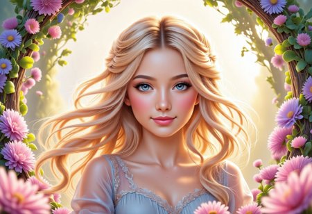 Generate an image of an attractive, cute adult blonde anime character. She should have:
- Long, flowing blonde hair with a natural, gentle style.
- Large, expressive blue or green eyes with a kind, inviting look.
- A small, cute nose and a warm smile.
- Wearing a light, airy pastel-colored dress, modest and SFW, with floral or lace details.
- Posed in a playful yet elegant manner, perhaps with a small animal like a bird or rabbit.
- Set in a dreamy, magical garden or forest at dawn or dusk, with soft, glowing light enhancing her features.
- The mood should be serene, magical, and filled with a sense of purity and beauty.