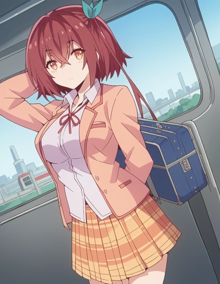 score_9, score_8_up, score_7_up, source_anime, <lora:mao-nanjou-s1-ponyxl-lora-nochekaiser:1>, mao nanjou, long hair, orange eyes, red hair, side ponytail, large breasts,, skirt, school uniform, jacket, plaid, plaid skirt, blazer,, train station, waiting for train, suitcase, traveling, commute, city skyline, hands behind back,, , looking at viewer, hand behind head, , solo,, cowboy shot, dutch angle