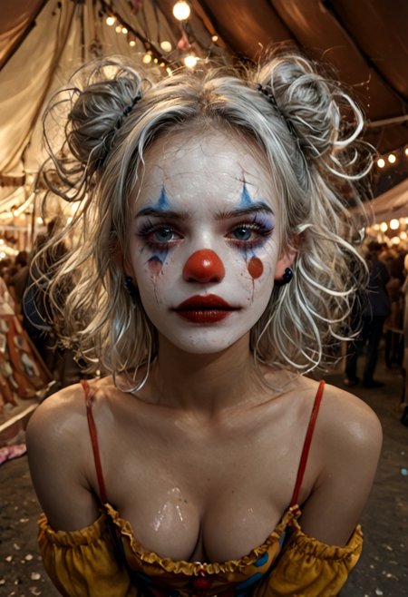 (masterpiece, intricate:1.3), (best quality, hires textures, high detail:1.2), (incredibly detailed:1.4), hyperrealistic, photorealistic, ultra detail, ultra realistic, 8k, HDR, absurdres, RAW, high quality photography, realistic, real life, very detailed background , cinematic lighting, volumetric lighting, 1girl, smile,  perfect anatomy, detailed face, highly detailed, extremely detailed eyes and face, perfect body, perfect eyes, 
Clown girl，(tattos:1.5), Clown, Clown makeup, clown costume, solo, sad, white hair tied in two high buns with large red ribbons, blue eyes,(white makeup, clown makeup, red mouth, red nose, marked eyebrows high, colorful clown costume, red clown nose,),  looking at viewer, medium breasts with eraser nipples, wearing a clown costume with deep cleavage, bare shoulders, off shoulders, nipslip, downblouse, brown nipples,  black heart earrings,  outside the circus tent, crowded in the background, pop corn machine, ticket stall, colorful lights, circus background