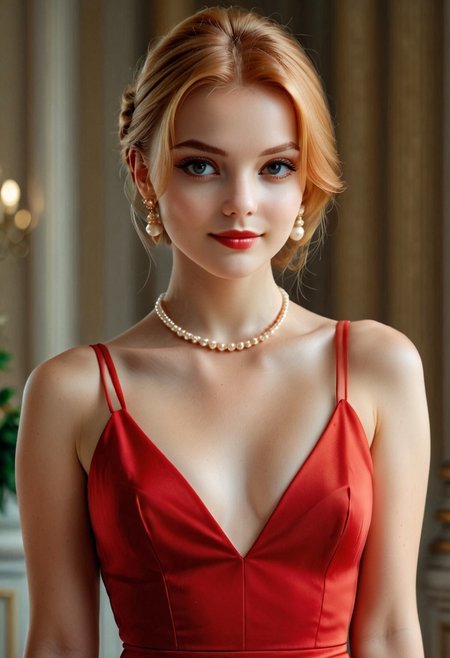 19 year old woman with strawberry blond hair in a low bun wearing a long sleek elegant red dress pearl earrings and a pearl necklace, hyper realistic, 4k, masterpiece, beautiful, facing the viewer, pale skin, fair skin, smile
<lora:sc4rl3tgr3y-h-sdxl:1.0>, shot from a distance, full body shot
detailed eyes, perfect eyes, photorealistic eyes,