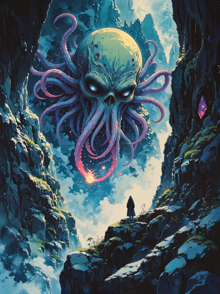 famous artwork, award-winning, hyper-realistic, highly aesthetic, gorgeous, stunning, beautiful, ultra-high-resolution, 8k, 4k, dramatic, epic, meticulous, accurate, at night, dim lighting, leading lines, dynamic, touched by a repugnant tentacle, i climb desperately to escape, from this place of death, this nightmare of dreamlands, in sunless and eternal depths, the peaks of thok, silence and blackness, in the mouth of madness, i sink, i fall, in the eternal darkness, night-gaunts, blindness, in the mouth of madness, i sink, i crawl, mindless horror, unnatural angles, unholy glow, tower of despair, color gradients, color contrast, lovecraftian, cthulhu mythos, ovg, studio ghibli dark fairytale, aidmamj6.1, <lora:style-dark_ghibli-flux-by_arsmachina:0.8> <lora:midjourney_61-v0.5-flux-by_aidma:0.68>