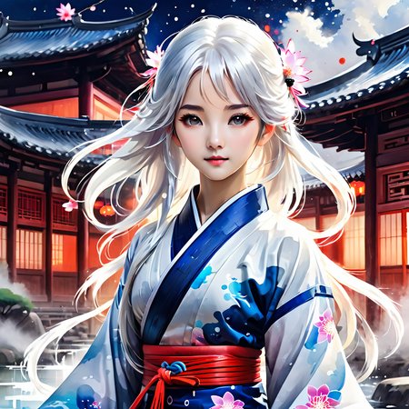 ink splashing,semi realistic, 2d game scene,oil and watercolor painting,
 <lora:fantasy_world:1>ï¼
(masterpiece,best quality,extremely detailed CG unity 8k wallpaper,ultra-detailed),(best illumination,best shadow,an extremely delicate and beautiful),ink_wash_painting,night,(tai_chi:1.25),(yin_yang:0.85),ba gua,swirl,(the_bottom_of_the_bottlebackground:1.1),(1_girl:1.2),solo,The character is in the center of the frame,medium_full_shot,hanfu,taoist_robes,celestial_being_uniform,long_hair,(alternate hair color:1.3),white hair,black hair,a small red ornament,beautiful_detailed_eyes,indigo_eyes,(girl_surrounded_by_floating_water_flow:1.3),medium_breasts,wind,lotus,(cloudy:1.1),(stratocumulus_stratiformis:1.35),looking_at_viewers,cowboy shot