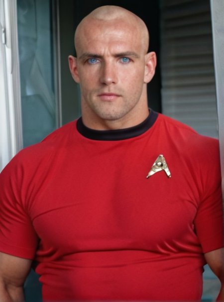 1boy, 20 year old male, Handsome, masculine, blonde, star trek, red shirt, muscle,  tall, tight shirt, wide pectorals, big shoulders, wide shoulders, muscular neck, German, bald, big pale blue eyes,

stunf, star trek uniform,