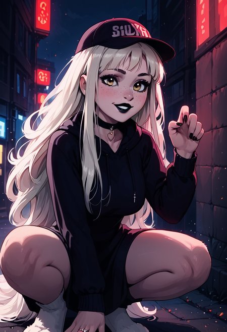 score_9, score_8_up, score_7_up, score_6_up, score_5_up, score_4_up, rating_explicit, 1girl, mischievous, Flora Heloise Daisy, fit woman, rabbit ears, rabbit tail, rabbit feet, 29 year old, face focus, blush, platinum blonde hair, beautiful face, bangs, ((Luscious hair, flowing hair, soft hair, full hair):1.2), black chocker, yellow eyes, toned, slender, perfect big saggy breasts, freckles, nice butt, wide hips, thick thighs, ((detailed fluffy fur, realistic fur, soft fur, fluffy fur, realistic lighting, natural lighting, soft lighting, subsurface scattering,):1.3), beautiful, (hazel eyes), detailed face, realistic face, make up, black lipstick,long nails, black nails, black eyes, sm eyeshadow, long eyelashes, eyeliner,full lips, close up on face, face close up, choker, rings, bracelet, perfect hands, seductive smile, great view,pose,
Break
Baseball cap, black hoodie, long skirt, smiling
Break
City streets, winter, paw pose, crouching, glowing, neon