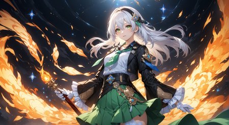(masterpiece, top quality, best quality, official art, beautiful and aesthetic:1.2)
white_shirt,shirt,thighhighs,green_thighhighs,sparkle,looking_at_viewer,highres,covering_own_mouth,jacket,aqua_eyes,hypermin,green_skirt,honkai:_star_rail,hairband,black_jacket,frills,long_sleeves,firefly_\(honkai:_star_rail\),sam_\(honkai:_star_rail\),long_hair,two-tone_eyes,frilled_sleeves,yellow_eyes,henshin_pose,honkai_\(series\),black_hairband,cowboy_shot,1girl,neckerchief,holding,orange_neckerchief,skirt,fire,white_hair
highres, ultra high res, 4k, 8k, intricate detail, cinematic lighting, amazing quality, wallpaper <lora:aesthetic_anime_v1s:1.2>  <lora:fiasco_A1:1>