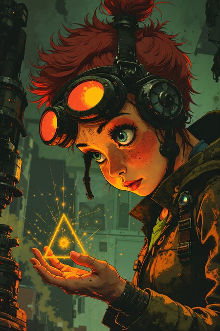 A close-up of a young gnome woman with short, spiky pink hair and pale, freckled skin as she peers through thick, multi-lensed goggles at a tiny, metallic triangle floating just above her palm. Her bright blue eyes are filled with curiosity and excitement as the triangle emits tiny sparks of electricity in her cluttered workshop filled with strange, half-finished machines and gadgets. She wears a long, patchwork coat made of various materials, some metallic and others organic, with odd tools and gears sewn into the fabric. A wide-brimmed metal helmet, equipped with additional lenses and tiny antennae, rests on her head, completing her eccentric look. As she leans in closer, the triangle begins to spin faster, sending out tiny arcs of electricity that dance around her fingers. The workshop around her hums with life, every machine and contraption buzzing in sync with the triangleâs movements. Her expression shifts from excitement to deep concentration as she tinkers with the triangleâs mechanisms, trying to unlock its hidden potential. detailmaximizer<lora:detailed_flux_ntc:2.2><lora:aidmaImageUpgrader-FLUX-V0.1:0.65><lora:Luminous_Shadowscape-000016:0.8>