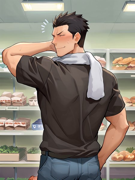 score_9, score_8_up, score_7_up, hires, cowboy shot, anime screenshot, official art, BREAK,
NSFW, 1boy, solo male, bara, upper body, from behind,
<lora:Komaba_Ichirou_Silver_Spoon:0.8> k0maba, black hair, black eyes,
back, black shirt, character print, animal print, towel around neck,
supermarket, grocery store,
sweat, sweatdrop, notice lines,
hand on pocket, hand behind head, looking back,
closed eyes, smiling, happy, blushing, looking at viewer, 
<lora:Smooth Anime 2 Style SDXL_LoRA_Pony Diffusion V6 XL:0.7>