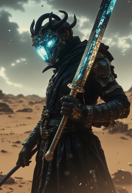 A apoclypse surreal cyberpunk setting under a gritty bleaked beige and blue-turqoise misty desert sunset, a Closeup Portrait of an eerie horned hkgod sci-fi shinobi nun-scout with billowing octopus backpack in a sandstorm, their holographic crystalline mask glinting like shattered rainbows. Iridescent black amber teal energy veins pulse across their form. The atmosphere is thick with heat distortion, glowing particles floating in the air. dark atmospheric lighting, white cybernetic armor. Wielding a massive sss great sword with intricate translucent engravings, hknuns