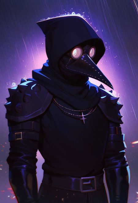 score_9, score_8_up, score_8, score_7_up, score_7, score_6_up, score_6, score_5_up, Score_5, black plague doctor, black plague doctor mask, bird like mask, black cloak hood pulled up, black leather armor, vox machine style, 1boy, male focus, solo, portrait, kind eyes, fantasy, rainy night, (dynamic lighting:1.1)
((masterpiece))