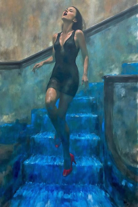 painting. a woman in a chic little black dress and vibrant red high heels, gracefully descending an escalator. She wears black lipstick and is screaming. Her attire exudes elegance and sophistication, with the red heels providing a bold pop of color against the classic black dress. The escalator itself, typically found in a mall or airport, leads downwards into an unexpected and dreamlike destinationâ -- pool of rippling water. The water is blue and ripples as the escalator's steps disappear beneath the surface. The woman's posture is poised and confident, as she seems unperturbed by the unusual surroundings. The overall atmosphere is a blend of high fashion and surreal fantasy, capturing a moment that is both elegant and otherworldly,  <lora:billbate1_cap_d8a4e12:1.0><lora:852797824188850584:0>