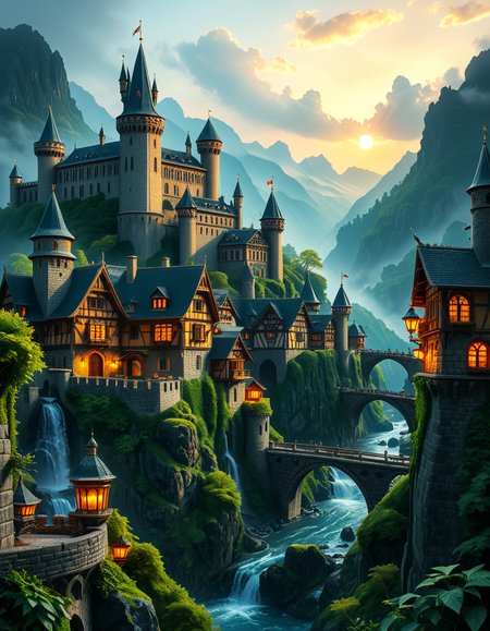 A breathtaking medieval fantasy city nestled in a lush valley, surrounded by towering mountains and dense forests. A grand castle with multiple towers and turrets stands atop a hill, overlooking the town below. The city consists of charming half-timbered houses with glowing windows, perched on rocky cliffs and connected by stone bridges over cascading waterfalls. The river flows through the village, reflecting the warm golden lights of lanterns and torches. Ivy and moss grow over the stone walls, adding to the enchanted, ancient atmosphere. The background features misty mountains with additional fortresses and watchtowers, partially hidden by low-hanging clouds. The sky is illuminated by a soft, warm sunset, casting a golden glow on the scenery, creating a perfect blend of realism and fantasy. Highly detailed, cinematic, and immersive, with a magical, fairy-tale ambiance.
<lora:SDXLFaeTastic2400:0.4> <lora:extremely_detailed:0.4> extremely detailed, <lora:medieval_f4nt4sy_c1ty:1>,medieval f4nt4sy c1ty, Masterpiece,best quality,hi res,8k,hi res,8k,award winning,(sharp focus, intricate, highly detailed),