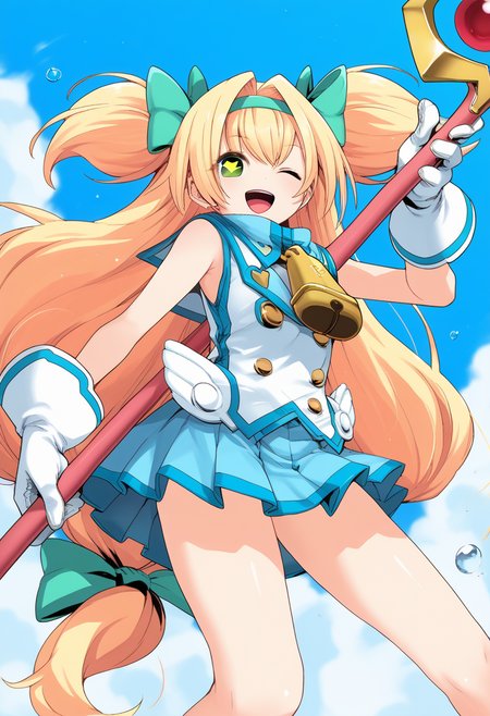 score_9, score_8_up, score_7_up, source_anime BREAK 1girl, solo, <lora:bb_platinum:1>, bb_platinum, holding staff, sky background,  white shirt, blue sailor collar, neck bell, white gloves, bare shoulders, blue skirt, blonde hair, hair intakes, bangs, green hair bow, green hairband, long hair, low-tied long hair, quad tails, two side up, green eyes, heart-shaped pupils, looking at you, smile, one eye closed, open mouth, bare legs, dynamic pose, <lora:DynamicPose_alpha1.0_rank4_noxattn_100steps:1.5>