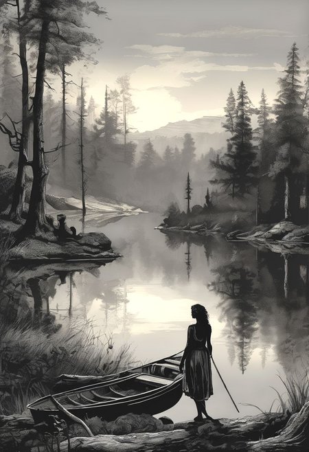 Advertising poster style painting by rembrandt, magical black and white landscape,a (silhoutte) of a beautiful long haired girl lit magical, ((naked girl:1.3)), 18 years old, silhouette natural lighting, rich, intricate details, moody, golden hour light, professional, highly detailed, masterpiece, atmospheric, Bleak, post-apocalyptic, somber, dramatic, highly detailed . Professional, modern, , commercial, eye-catching, highly detailed, petite body, small body