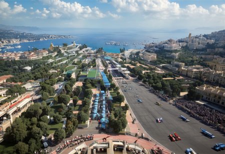 ,Monaco 1940s,Grand Prix,racing cars, one in front, cars behind blurred, all cars kept within frame, ((((aerial view,))), 
frame of picture,racetrack,outdoors,
sky blue,day,motion blur to wheels, some dust, keep cars perspective,
facing forward, close race, one driver per car, reflection in helmet visas,
cloud,tree,blue sky,_p_style, all with drivers, racing drivers, drivers heads all facing forwards, all wearing helmets,red car, blue car, yellow car, green car,ferrari,text MONACO on barriers, well drawn numbers on cars<lora:VintagePPXL:1>, (masterpiece, best quality, ultra-detailed, best shadow), high contrast, (best illumination), ((cinematic light)), colourful, hyper detail, dramatic light, intricate details, ultra detailed artistic photography, backlit, shadows, ultra high definition, 8k, ultra sharp focus, ultra high quality, soft lighting, film photography, analogue photography, hyperrealism,