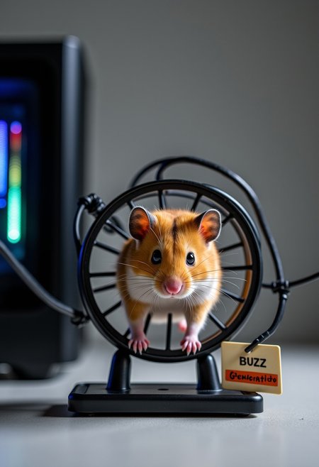 A highly detailed, realistic image of a small, determined hamster running on a sturdy metal hamster wheel. The wheel is connected to thick, insulated cables leading to a high-end gaming PC with glowing RGB lights. A small, clearly legible sign next to the wheel reads 'BUZZ Generator,' indicating its function. The background is a simple, neutral grey, keeping the focus on the hamster and the setup. The lighting is soft and natural, casting subtle shadows to enhance depth and realism.