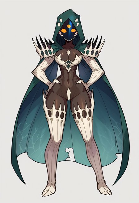 <lora:Anime Style 2 SDXL_LoRA_Pony Diffusion V6 XL:0.5>, score_9, score_8_up, score_7_up, source_anime, BREAK <lora:D2LightAco-000020:1>, 1girl, monster girl, solo, D2LightAco, 3eyes, hood, cloak, glowing orange eyes, black skin, large breasts, BREAK looking at viewer, standing, hands on hip, BREAK simple white background,