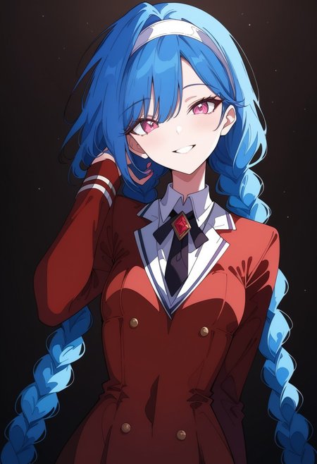 zPDXL3, ((masterpiece)), ((best quality)), 8k, high detailed, ultra-detailed, highres, intricate details, depth of field, best quality, bokeh, shiny skin, LP_jinx, blue hair, twin braids, pink eyes, 20 years old, detailed perfecteyes, fit, small breasts, dynamic lighting, Expressiveh, ArawAraw, high contrast, absurdres, vibrant, highly detailed, ligne claire, cogecha, 10s, 1girl, arm behind back, arm up, brown background, buttons, dress, eyeshadow, hairband, hand in own hair, head tilt, holding, holding own hair, long sleeves, looking at viewer, makeup, military, military uniform, parted lips, red dress, smile, solo, straight hair, tsurime, upper body, very long hair, white hairband