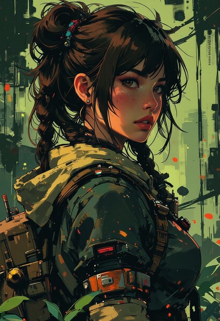 Mh1$AgThS2, intricate linework with expressive contrasts, soft lighting with dynamic highlights, A digital artwork in the style of cknc, Image of a female adventurer exploring a jungle. Her brown hair is tied into many braids and her outfit is stylish yet practical at the same time. Her expression is focused determination.
