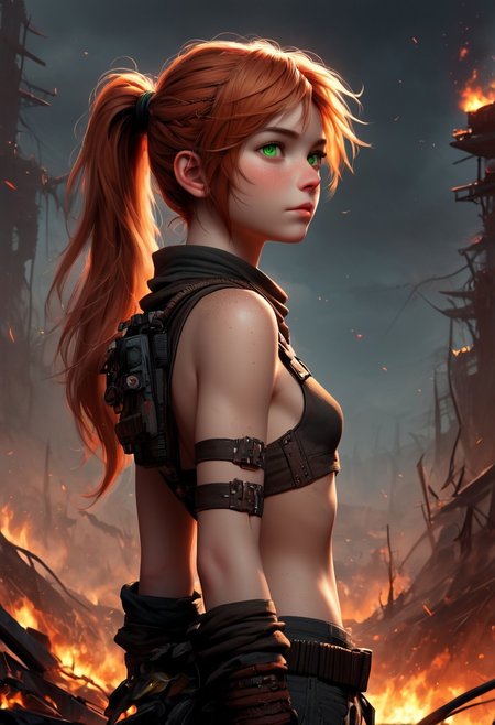 1woman, Masterpiece, 4k, ultra high detail, score_9, score_8_up, score_8, 21yo,  small breast size, long red ponytail hair, fcNeg, stunning green eyes, freckles, white skin, small nose, innocent beauty, slim face,  skinny body, 
Native Tribal clothes, Waterworld_clothes, armed with a thin_long_metal_spear, 
Dark sky, burning sky, nighttime, night, burning skyscraper, asteroids in sky, harbour, seasite, burning water, destoyed skyline, 
Sideview,  Apocalyptic scene, burning skyscraper, burning city, destroyed cars, 
End of the World, 
negative_hand, NightScapes,