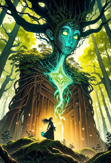 (in Cyril Rolando style:1.2), high-quality, masterpiece, A female druid made of tree roots and moss, casting a spell with glowing green energy emanating from her hands, her expression focused and powerful, illuminated by shafts of sunlight piercing through the dense forest canopy, High-contrast, dynamic POV shot with lens flare and dramatic lighting, set against a dark enchanted forest, (elaborately detailed attire with extraordinary elements:1.1), (art by Junji Ito:1.2), (hyperdetailed:1.1), (intricate details:1.0), (Refined details:1.1), (best quality:1.1), (high resolution:1.2)