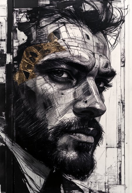 Monochrome macro portrait, male face with trimmed beard, glossy mosaic silver and gold mask with black ruptures, dramatic, thrilling, style of Loui Jover and Stephen Gammell, collage, ink on newspaper, red ink, red ink stains, abstract forms, modern, sleek, monochromatic with red shades . Black and white, contrast, tone, texture, detailed, cracklings extremely detailed architecturic background made of straight lines
