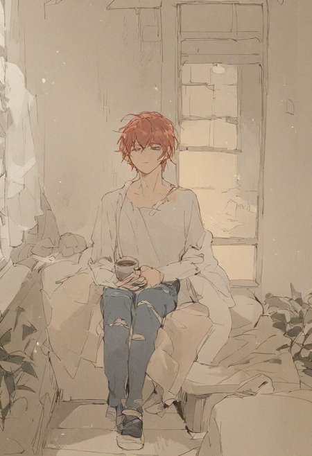 score_9, score_8_up, score_7_up,  
full body portrait, (1 girl sitting in a Japanese room), red hair, torn jeans, cleavage, holding a cup of coffee, in an apartment, sitting on a couch, window behind her, 1boy, spiderman leaving through the window, new york city,  hyperrealistic,  
Expressiveh, Japanese Interior