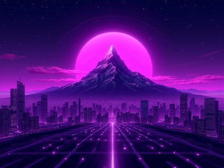 mad-cyberspace, mountain, purple glowing outlines,  grid, cityscape<lora:Neon_Cyberpunk_Cyberspace_FLUX:0.8>