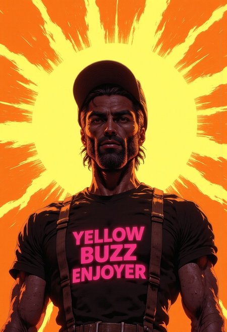 The image is an illustration featuring a constructor worker dude with a pale skin tone and beard. He has a short-length, wavy brown hairstyle , styled. He is wearing a black t-shirt and baseball cap that accentuates his working hard attitude with the text "Yellow Buzz Enjoyer" in magenta  the lighting is dramatic and striking as he is backlit by sun rising rays, a glowing chromatic outline around his visage indicate his power.CAICO