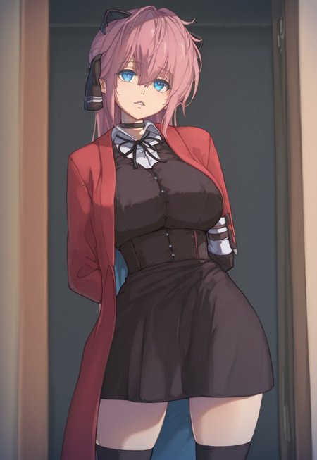 Masterpiece, best quality, ultra-detailed, expressive. anime, anime, anime, 1girl, solo, Vivi, pink hair, blue eyes, large breasts, choker, black ribbon, red coat, white shirt, bangs, short skirt, black thighhighs, black dress,