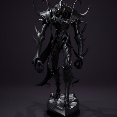 black armor, anime style, weapon, wings, solo, armor, teeth, straight-on, grey background, muscular male, holding, tail, helmet, silhouette