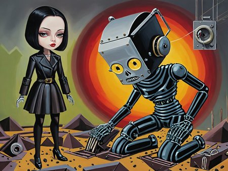 a surreal image in lowbrow art style of In a doomsday setting, a female robot wearing (deranged avant-garde clothing:1.4), fashion magazine style portrait with a backlit subject. Dark Fashion Magazine, caleidoscopic., A nightmare mood.