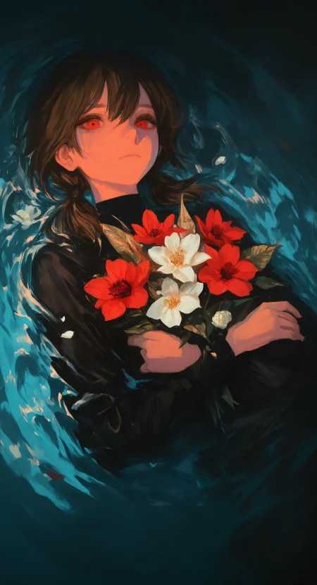 1girl, solo, long hair, looking at viewer, shirt, brown hair, long sleeves, red eyes, holding, closed mouth, twintails, upper body, flower, lying, medium hair, on back, water, black shirt, low twintails, expressionless, leaf, from above, white flower, red flower, partially submerged, bouquet, holding flower, holding bouquet, afloat, lying on water, masterpiece, best quality, good quality, very awa, very aesthetic, absurdres, newest, (perfect details), usnr, brushstroke, oil painting \(medium\), chiaroscuro
<lora:illustriousXL_stabilizer_v1.23:0.3> <lora:ppw_v7_noobVv1.0:0.7> <lora:USNR STYLE_XL_lokr:1.0> <lora:noobai_vpred_1_style_painterly_v1.1:1.0>
