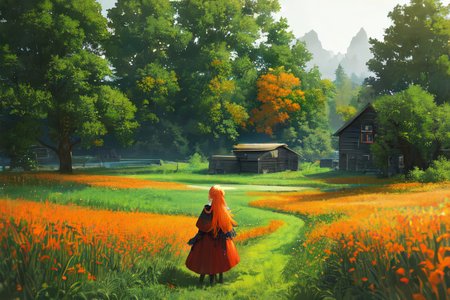 (otherworldly), highly insanely detailed, masterpiece, top quality, best quality, highres, 4k, 8k, RAW photo, (very aesthetic, beautiful and aesthetic), farm, fields, barn, fence, fantfa, <lora:FantasyFarm-10:0.5>, 
1girl, 
(vibrant orange hair,deep blue hair ), 
(pure orange background,transparent background),âââ