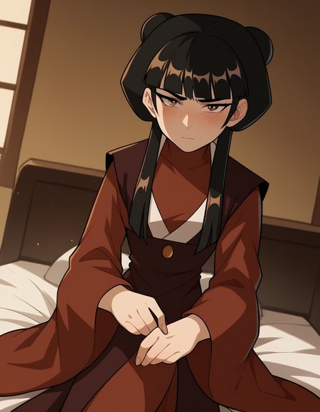 score_9, score_8_up, score_7_up, source_anime, <lora:mai-book2-ponyxl-lora-nochekaiser:1>, mai, sidelocks, long hair, black hair, lunt bangs, hair bun, double bun,, chinese clothes, turtleneck, long sleeves, wide sleeves,, indoors, bed, bed room, on side, blush, drunk, looking at viewer, solo, cowboy shot, dutch angle