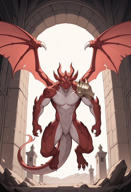 masterpiece,best quality,amazing quality, 1boy, solo, Dumj1d, dragon, red skin, colored sclera, no pupils, dragon wings, single pauldron, full body,