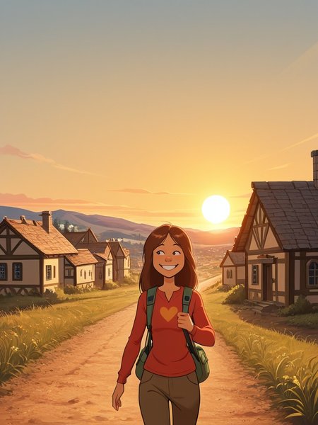 score_9, score_8_up, score_7_up, BREAK, solo , anime, wendy_maury,anime,long hair, Brown hair, in Paris, outside, village in the background, sun, happy, walking, hiking, large smile , ultra detailed, detailed background, upper body, bag<lora:wendy_maury_il:1>