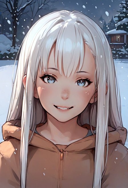 score_9, score_8_up, score_7_up, zPDXL, jeffmacanolistyle, 1girl, long hair, white hair, bangs, rede eyes, smiling, snowing, looking at viewer, colored sketch
 <lora:JeffMacanoli_Style_PDXL:0.90>
