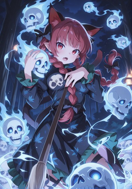 absurdres, highres, masterpiece, best quality, amazing quality, official anime artwork, screencap, anime screencap, outdoors, dark, night,  
 <lora:Kaenbyou-Rin_Illustrious:1> kaenbyou rin, 1girl, solo, cat girl, red eyes, red hair, twin braids, fangs, animal ears, cat tail, two tails, medium breasts,, hair bow, black bow, black dress, long sleeves, puffy sleeves, ribbon, leg ribbon, print dress, leaf print, 
looking at viewer, open mouth, blue flaming skull, floating skull, souls, light particles,